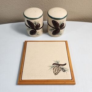 Expressions Porcelain Pinecone Salt & Pepper/Trivet Cabincore Set